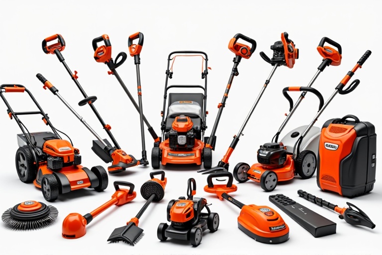 Matériel professionnel de jardinage avec débroussailleuse et outils spécialisés