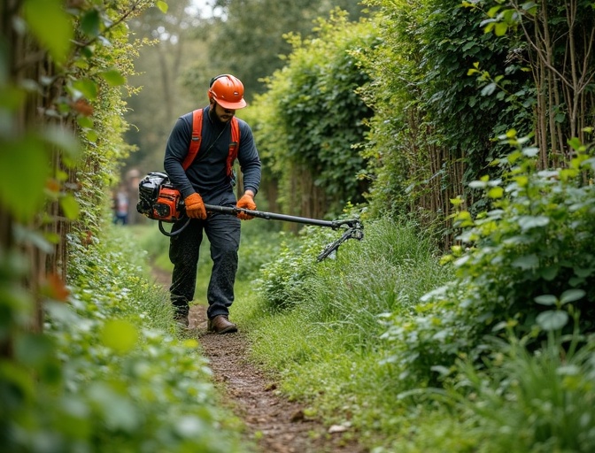 Service de débroussaillage professionnel avec coupe de ronces et herbes hautes
