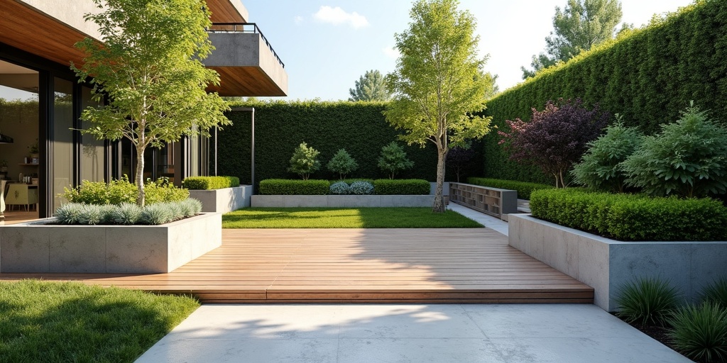 Jardin paysager moderne avec aménagement contemporain, terrasse en bois et jardinieres design