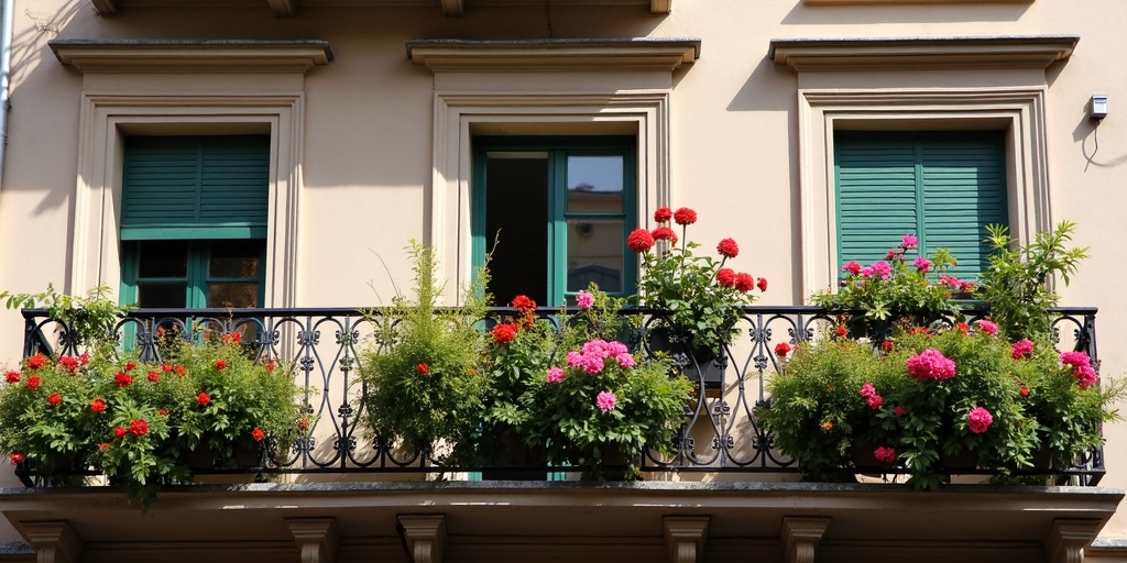 Balcon fleuri avec balconnières colorées et jardinieres suspendues aux fenêtres