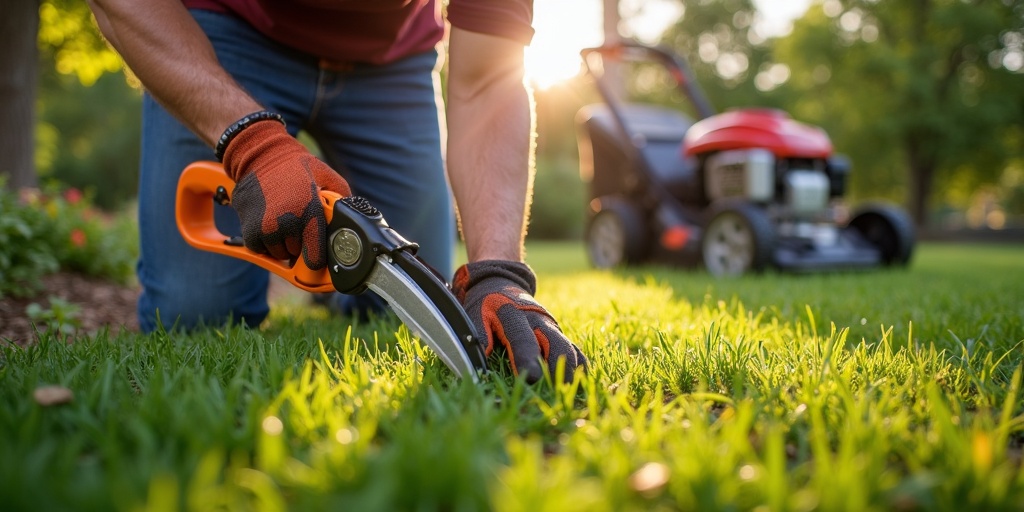 Jardinier effectuant l'entretien saisonnier d'un jardin avec taille d'arbustes et tondeuse professionnelle