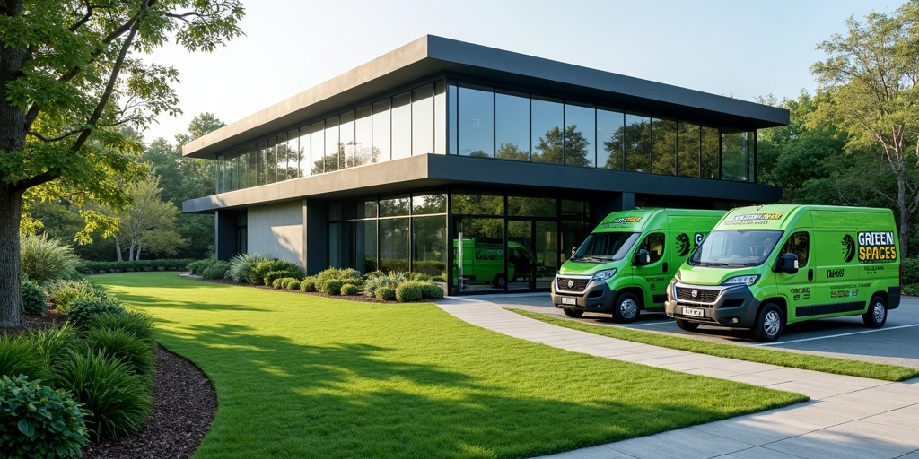 Bureaux d'entreprise d'espaces verts avec équipe de paysagistes et véhicules professionnels
