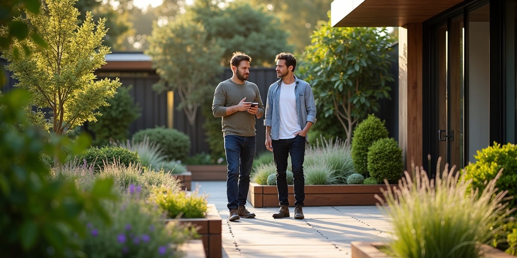 Expert paysagiste conseillant un client pour l'aménagement d'un jardin moderne avec jardinieres en bois