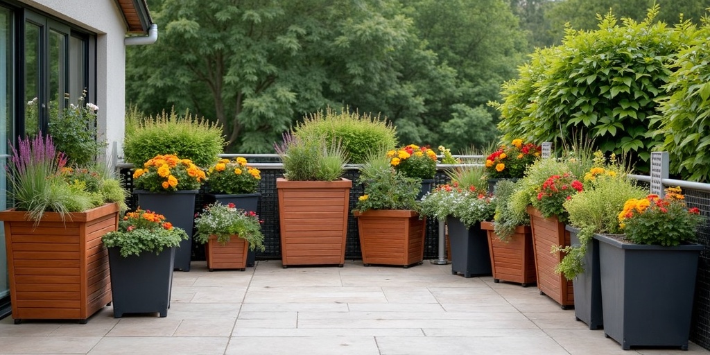 Collection de jardinieres en bois, plastique et métal disposées sur terrasse avec fleurs colorées
