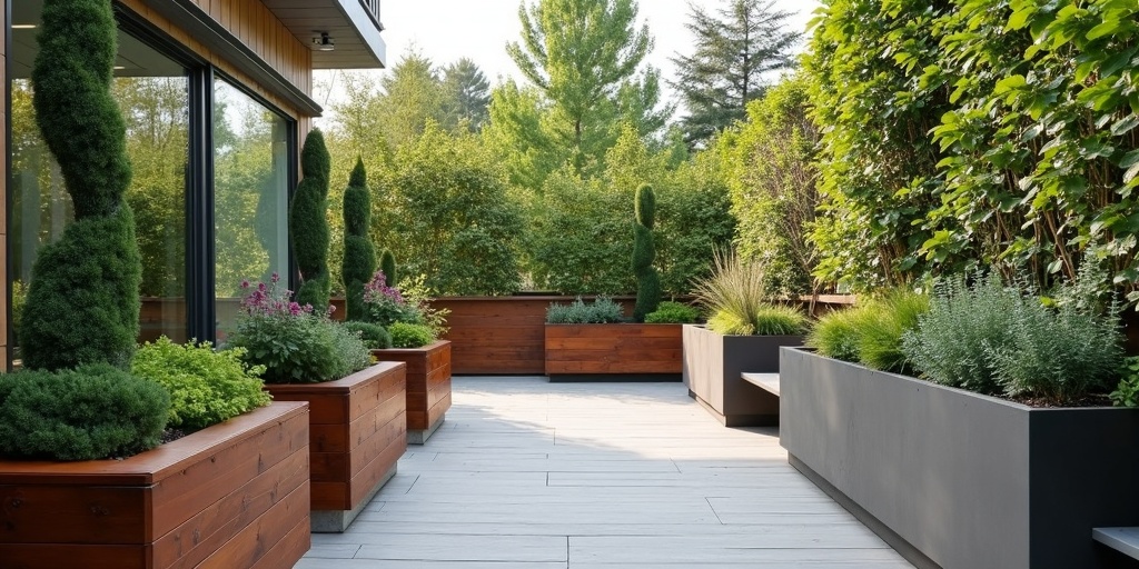 Terrasse aménagée avec diverses jardinieres extérieures en bois, pierre et métal avec plantes ornementales