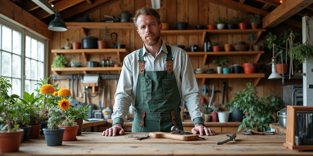 Atelier de jardinier avec outils professionnels organisés et matériel d'entretien