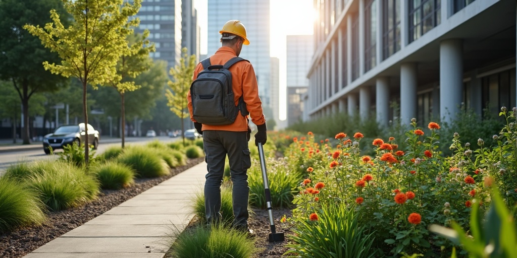 Paysagiste urbain travaillant sur l'aménagement d'un espace vert en milieu urbain