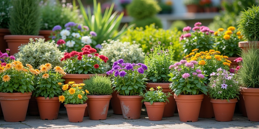 Collection de pots de fleurs extérieurs de différentes tailles avec plantes vivaces et annuelles