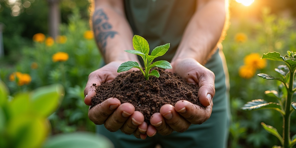 Jardinier professionnel utilisant des techniques de permaculture dans un jardin écologique avec compost naturel