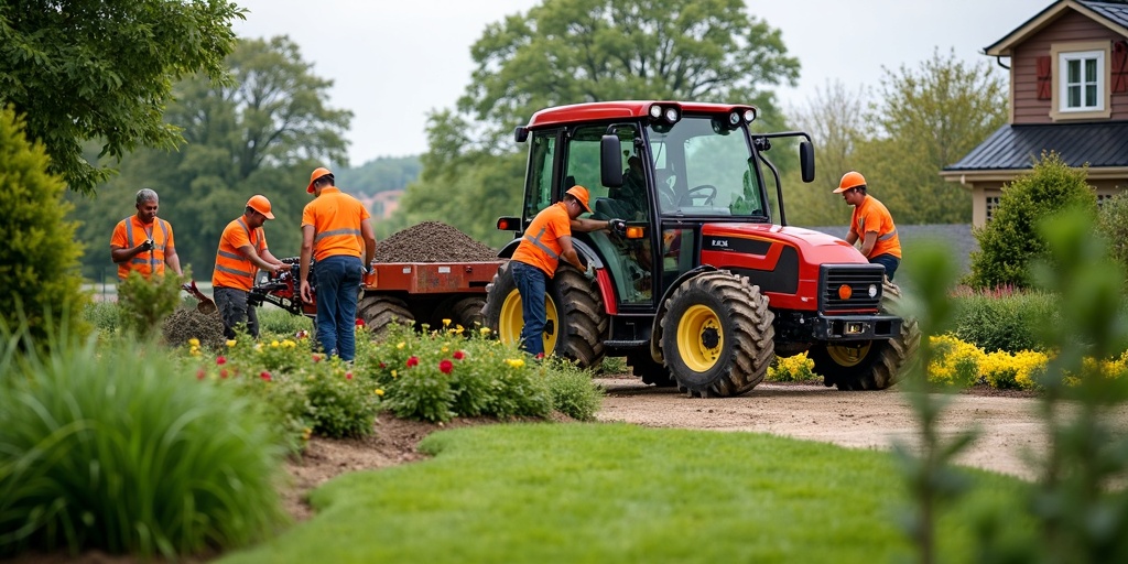 Équipe de paysagistes professionnels réalisant l'aménagement d'un grand jardin avec machines spécialisées