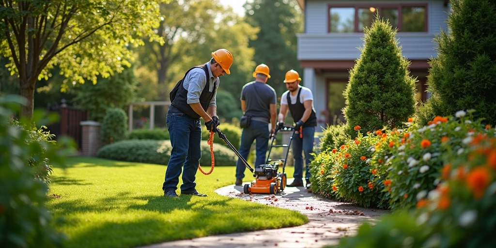 Équipe de jardiniers professionnels travaillant dans un jardin résidentiel avec outils modernes et expertise