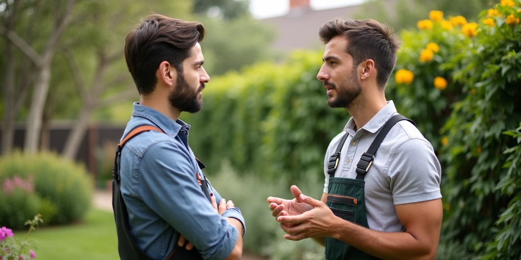Consultation professionnelle entre propriétaire et paysagiste, discussion planification jardin