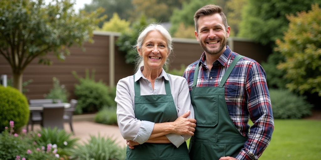 Propriétaires satisfaits avec paysagiste professionnel dans jardin transformé