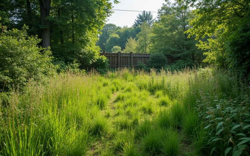 Jardin abandonné herbes hautes débroussaillage nécessaire