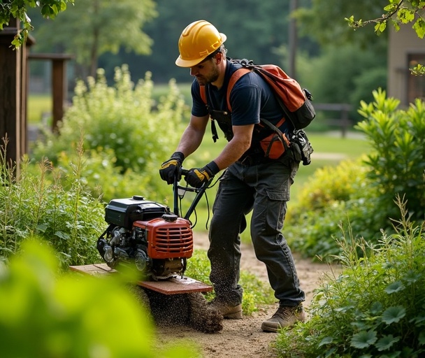 Débroussaillage professionnel en action équipe expert matériel haute performance