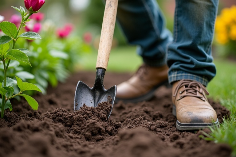 Jardinier professionnel effectuant le binage des massifs avec binette pour aérer le sol
