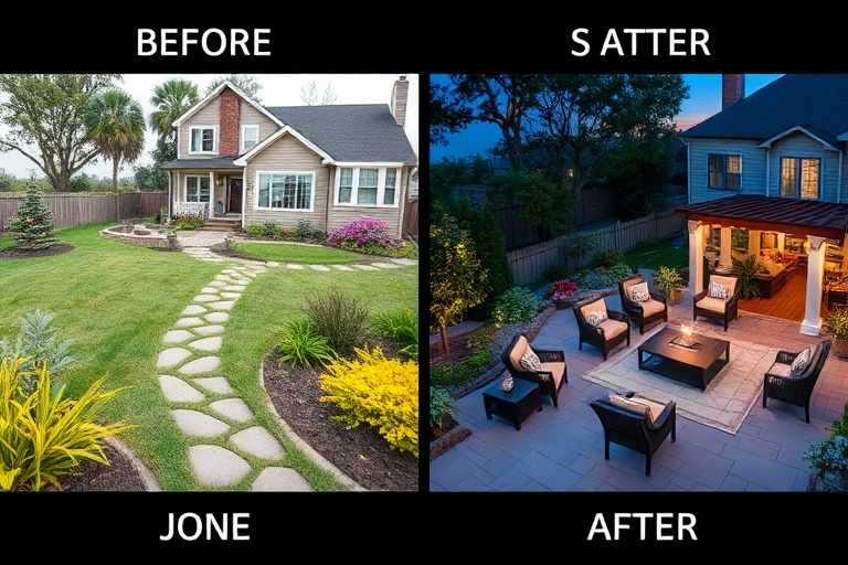 Comparaison avant/après entretien de jardin professionnel montrant pelouse et massifs parfaitement entretenus