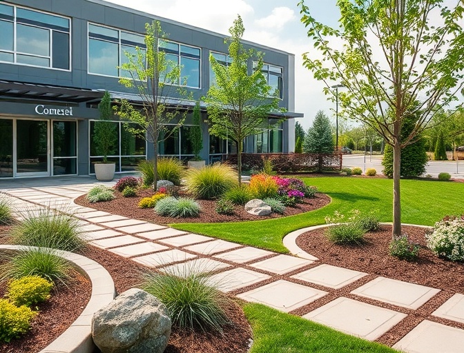 Entretien d'espaces verts commerciaux - Bureaux avec massifs professionnels