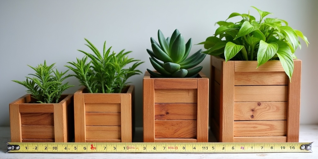 Jardinières en bois de différentes tailles arrangées par dimensions avec mètre ruban pour comparaison de taille