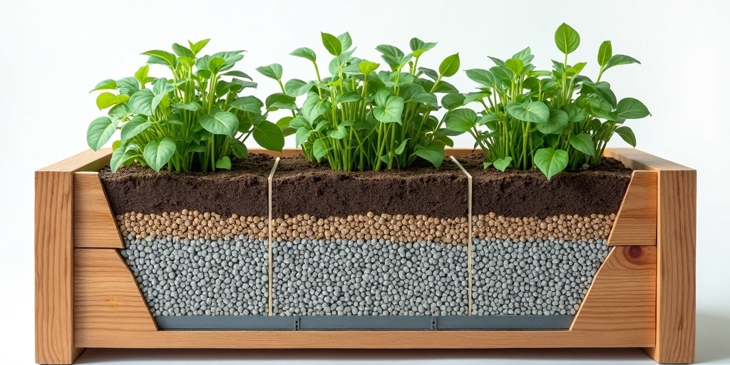 Système de drainage de jardinière en bois en coupe transversale, trous de drainage et couche de gravier pour gestion de l'eau