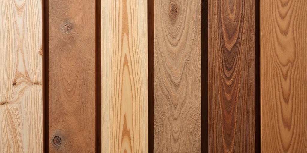 Échantillons de différentes essences de bois pour jardinières : cèdre, teck, pin, chêne avec motifs de grain naturel