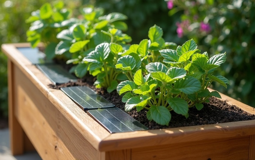 Jardinière bois alimentée solaire éco-technologie énergie durable bac de jardin énergies renouvelables