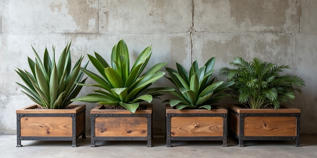 Jardinières style industriel chic bois et métal accents urbains design contemporain matériaux bruts