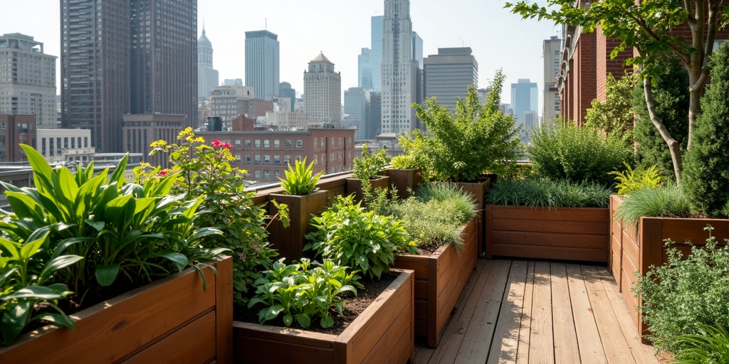 Jardinage urbain jardinières bois sur balcons ville, jardins sur toits en bacs, agriculture urbaine jardinières bois