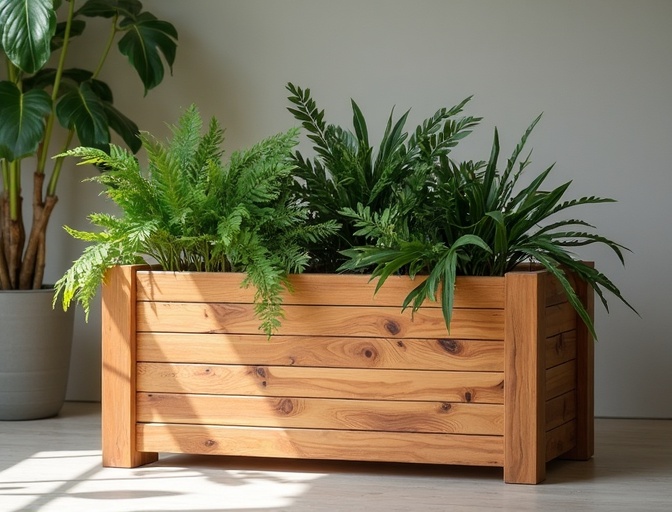 Jardinière premium en teck rectangulaire, finition bois naturel haute qualité, photo produit professionnelle