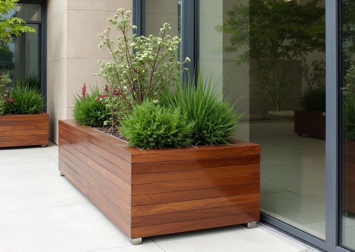 Série Architecte jardinière iroko design luxueux, bac moderne contemporain qualité premium