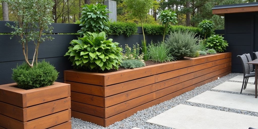 Tendances jardinage 2024 jardinières en bois design, styles contemporains de bacs, espaces extérieurs modernes