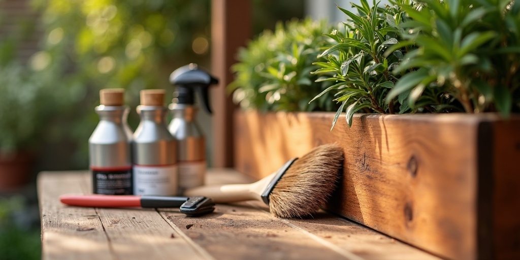 Application de traitement sur jardinières en bois, pinceau appliquant teinture et produit de préservation du bois