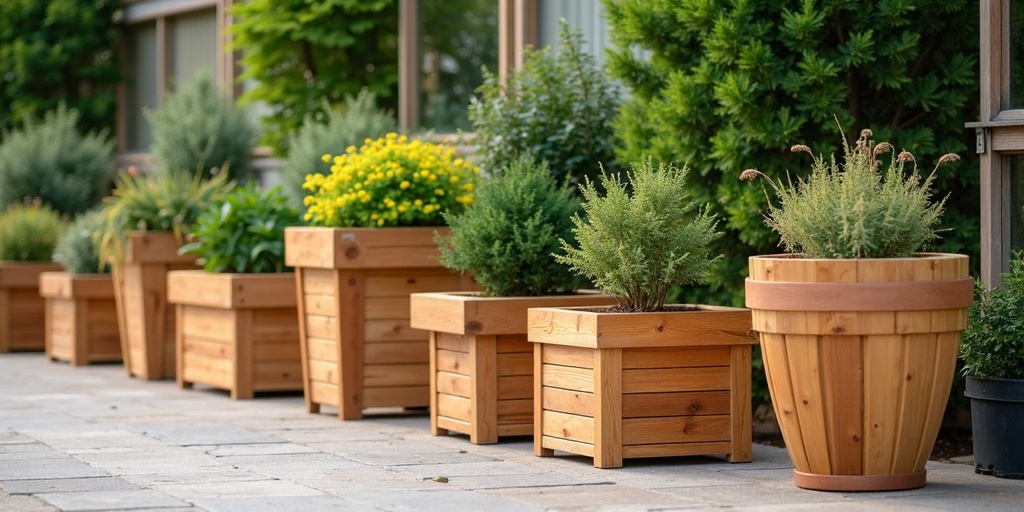 Différents types de jardinières en bois : rectangulaires, carrées, rondes et formes personnalisées, finition bois naturel
