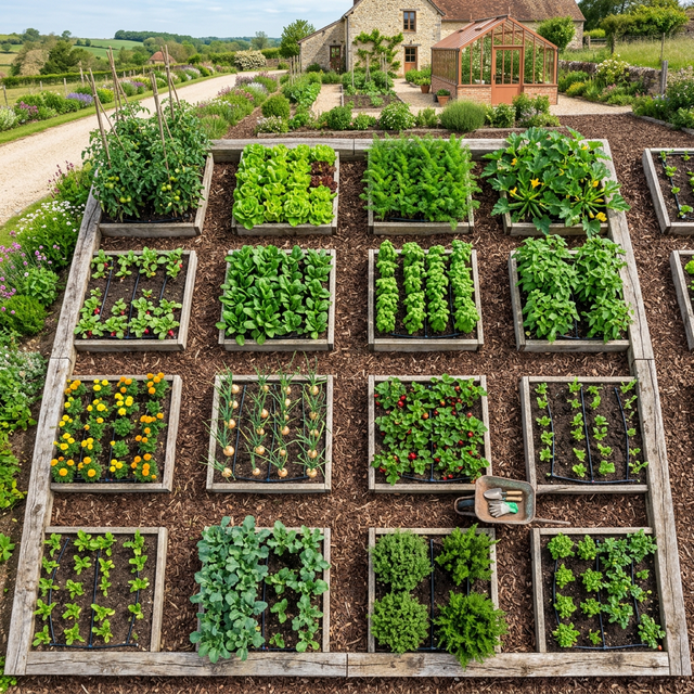 potager carré organisé légumes tomates salade carottes courgettes jardinage