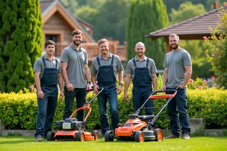Équipe de jardiniers professionnels avec outils de jardinage à Jouy-en-Josas