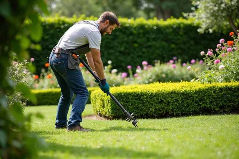 Jardinier professionnel travaillant dans un jardin aux Loges-en-Josas