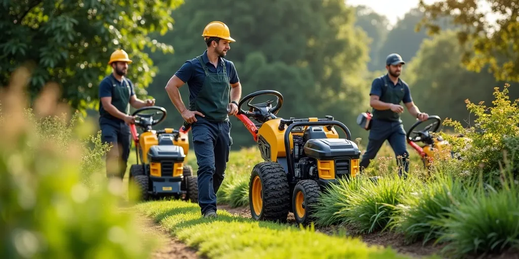 Équipe de jardiniers professionnels avec matériel spécialisé à Massy