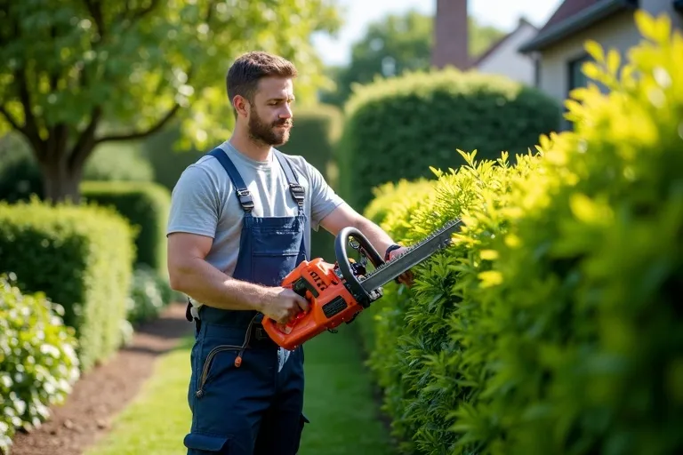 Jardinier professionnel effectuant la taille de haies dans un jardin privé à Palaiseau, service d'entretien espaces verts