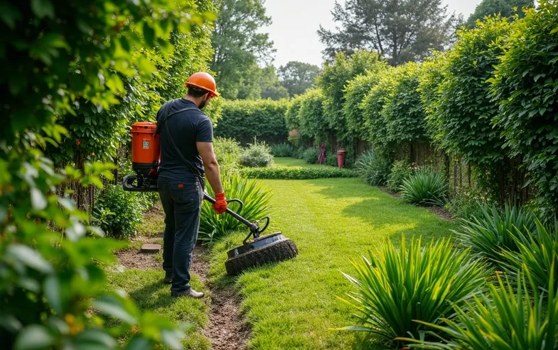 Jardinier professionnel effectuant du débroussaillage à Vauhallan