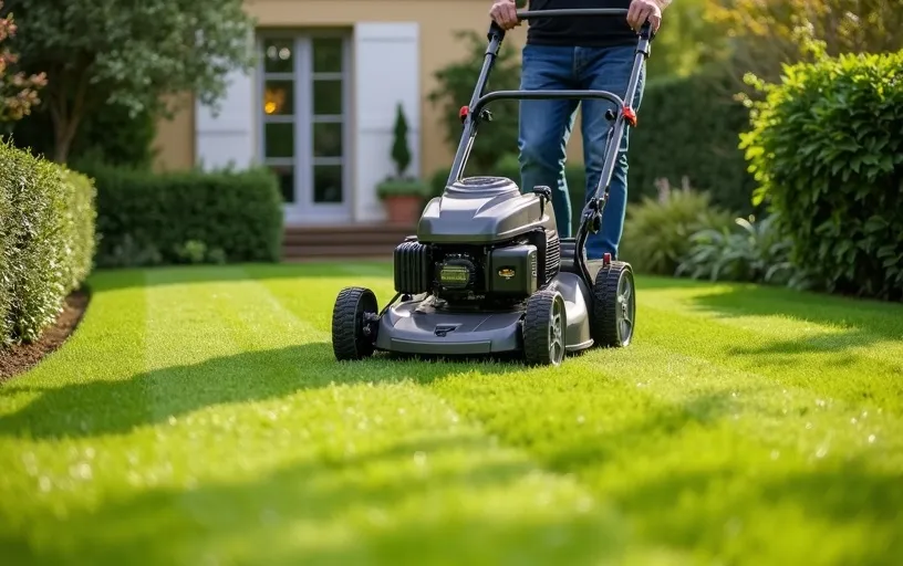 Jardinier professionnel effectuant la tonte de pelouse à Vauhallan