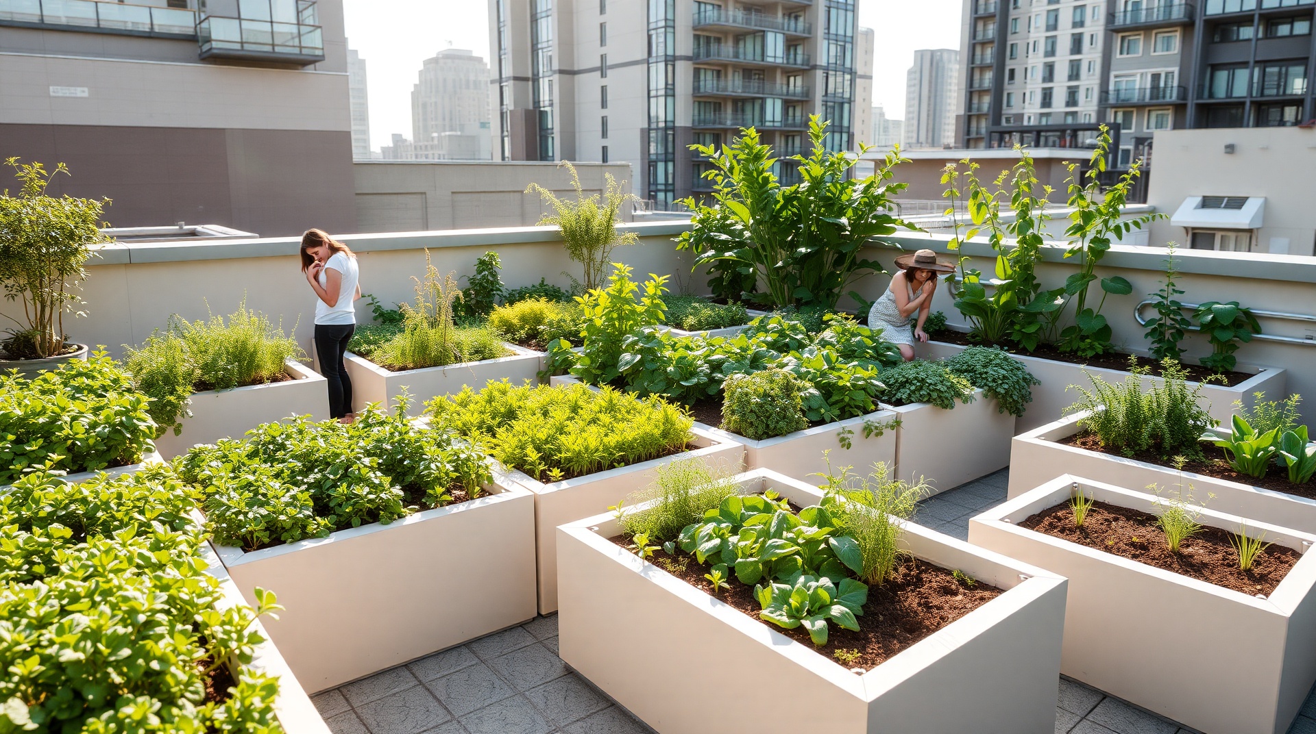 Potager bio organisé en carrés de culture avec légumes variés et allées paillées