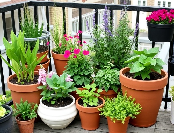 Potager urbain sur balcon avec bacs de culture