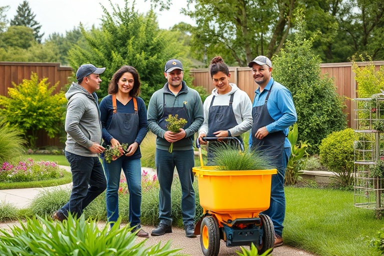 Équipe professionnelle remise état jardin outils spécialisés