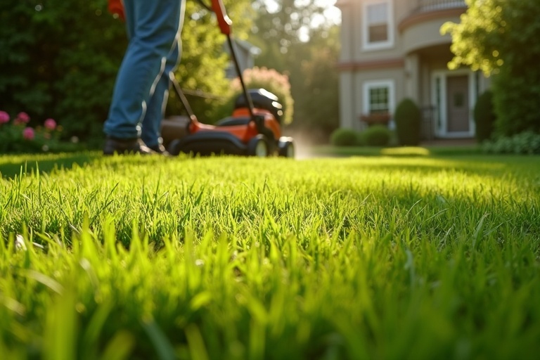 Pelouse avant entretien régulier hebdomadaire